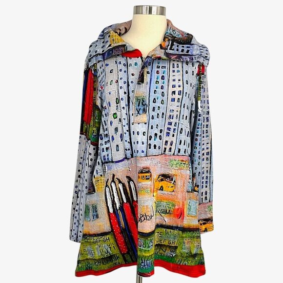 Ubu Tops - Ubu Size L Tunic Long Sleeve Landscape City Collared Multicolor Bamboo